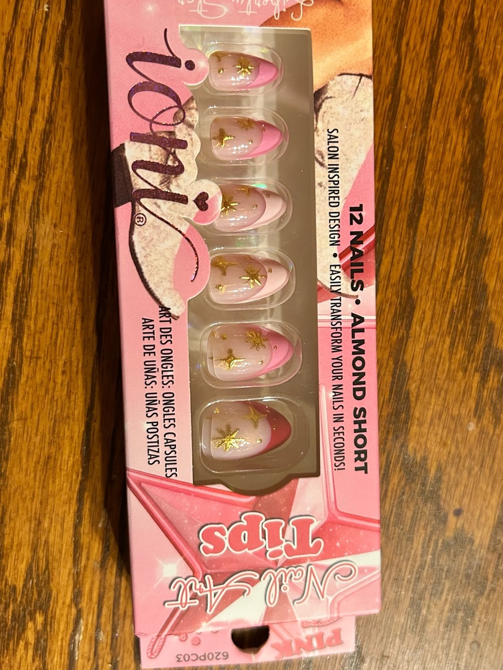 Tipsy Pink Almond Short Press-On Nails with Gold Star Accents